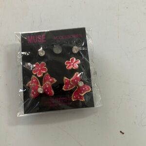 Muse Kids Pink Bow and Flower Earrings Set